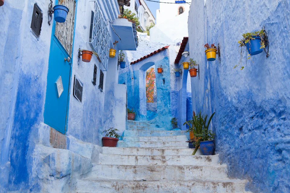 Blue-painted stairway in the medina of Chefchaouen, the Rif town reached by road from Tangier