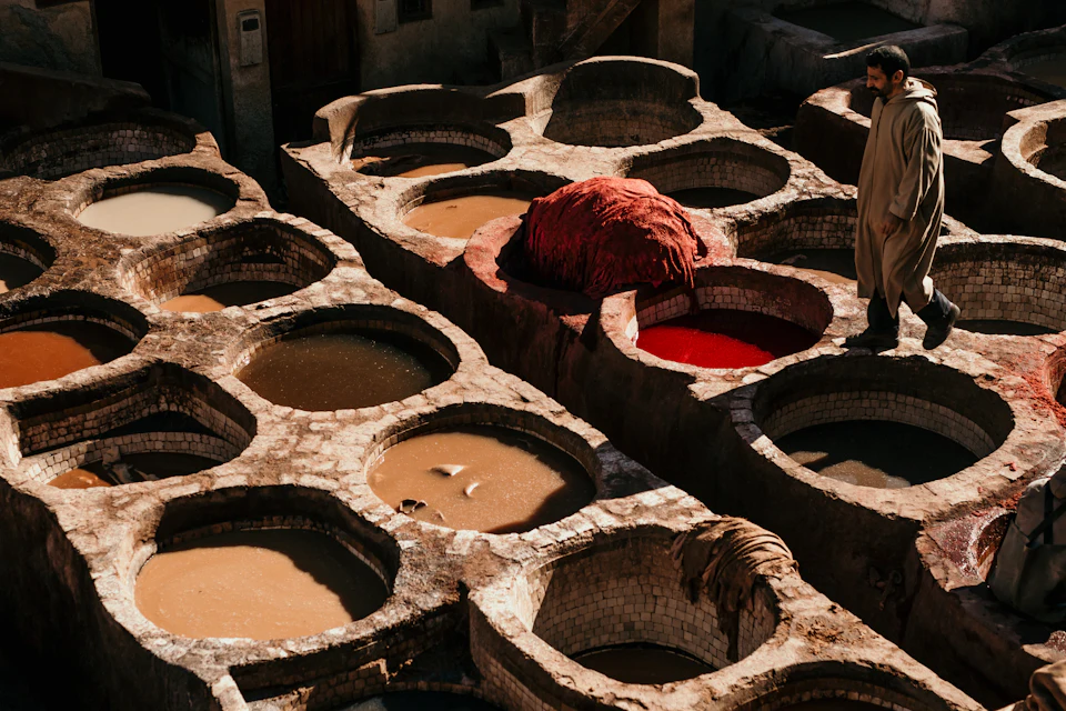 The dye pits of the Chouara tannery in the Fes medina, 530 km north-east of Marrakech by motorway.