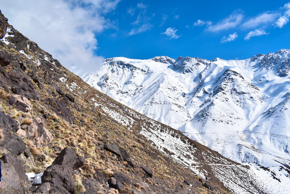 Snow-covered peaks of the Toubkal massif in the High Atlas, the objective of trekkers who travel up from Marrakech